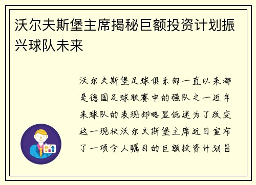 沃尔夫斯堡主席揭秘巨额投资计划振兴球队未来