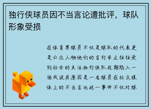 独行侠球员因不当言论遭批评，球队形象受损